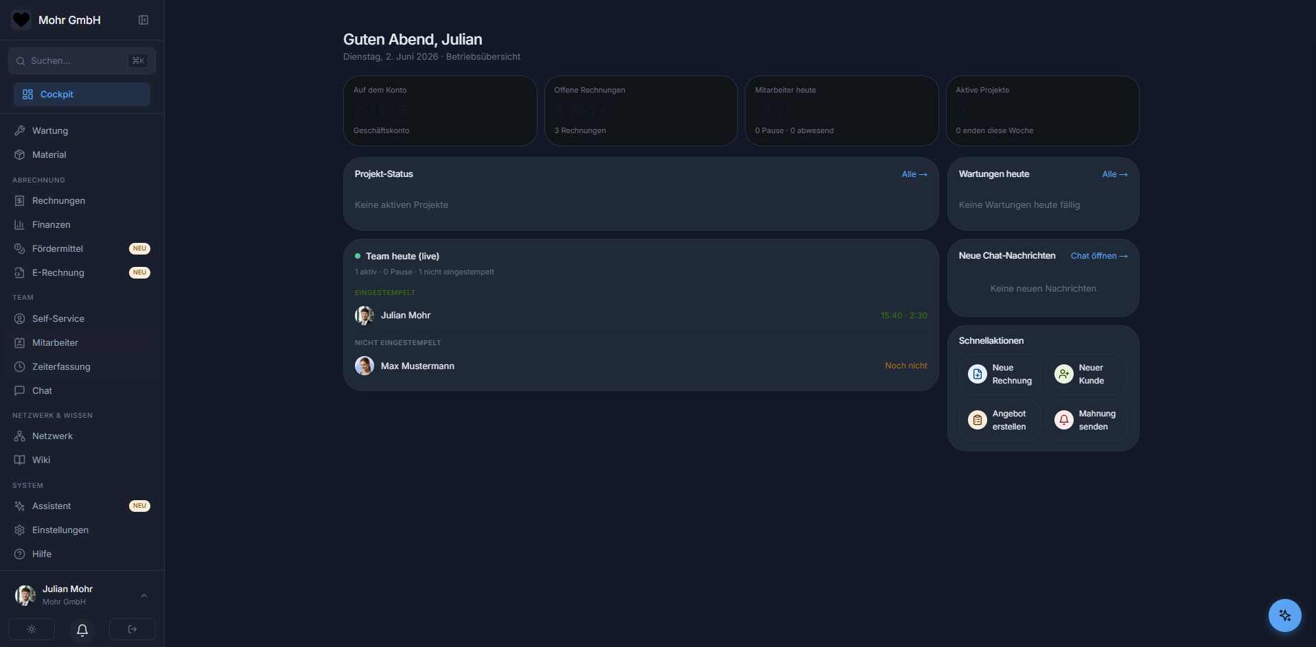 KITE Cockpit Dashboard — Betriebsübersicht mit Kontostand, offenen Rechnungen, Team-Status und Schnellaktionen
