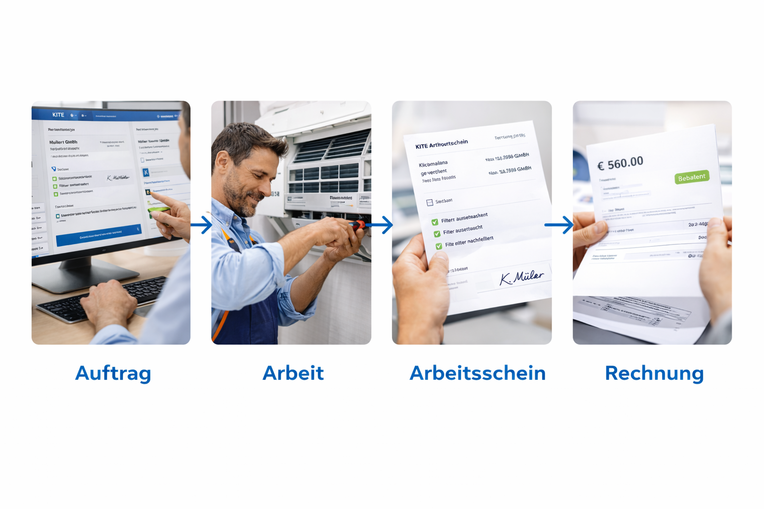 KITE Workflow: Auftrag, Arbeit, Arbeitsschein und Rechnung